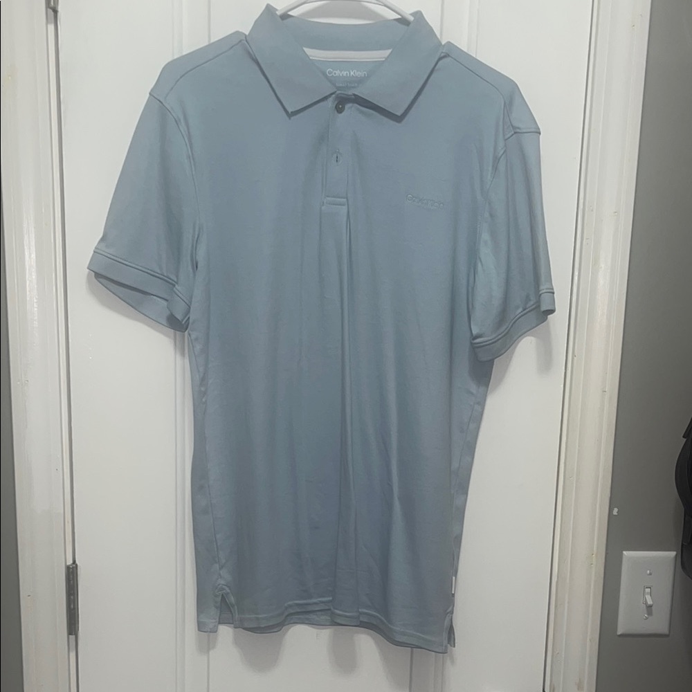 Calvin Klein Light Blue Classic Polo Shirt with Ribbed Sleeves